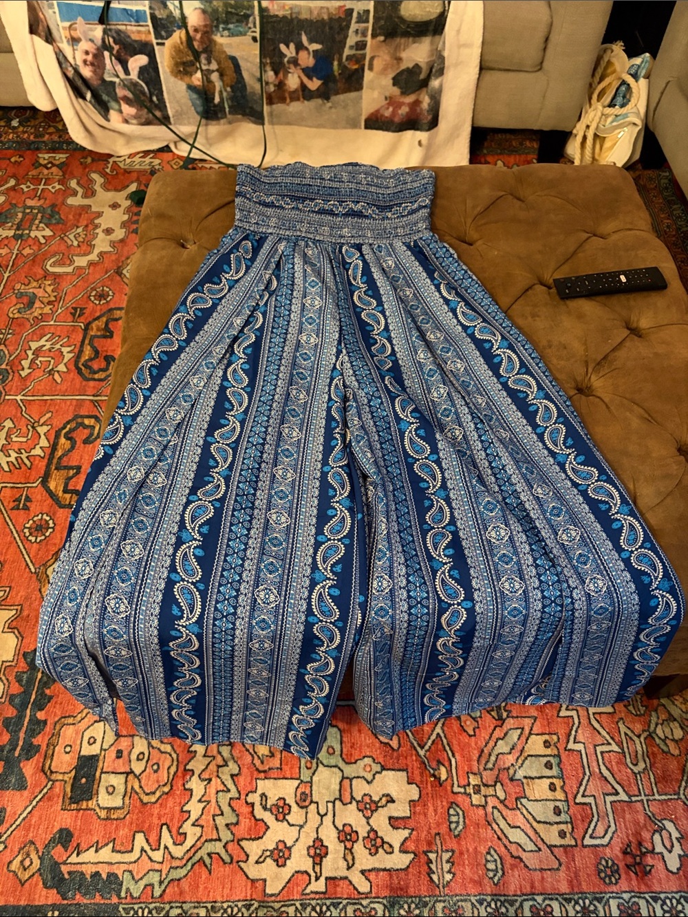 Blue Printed Wide-Leg Palazzo Pants with Smocked Waist